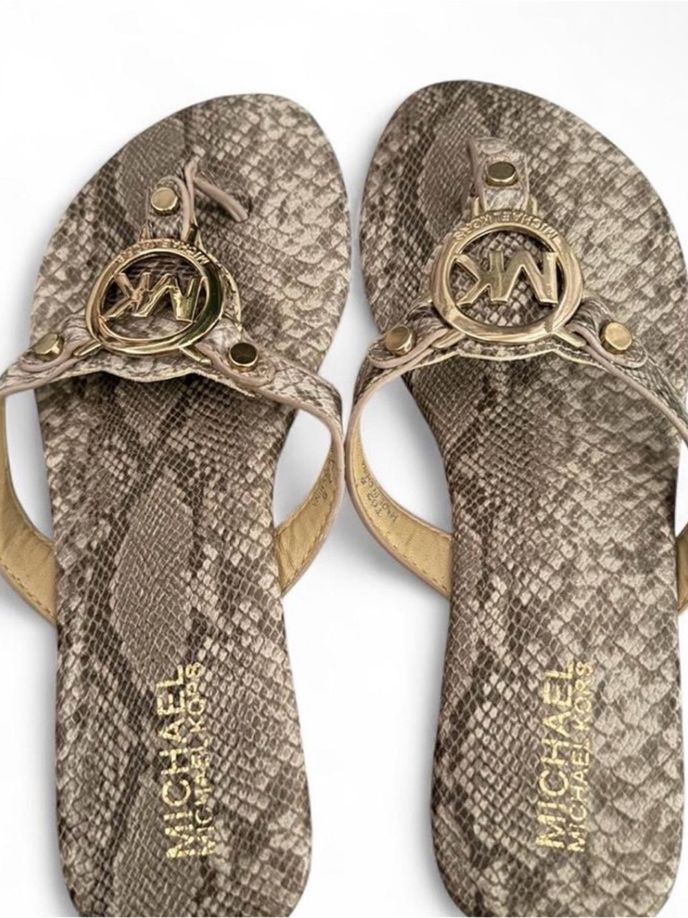Michael Kors Taupe Snake-Print MK Logo Thong Sandals
